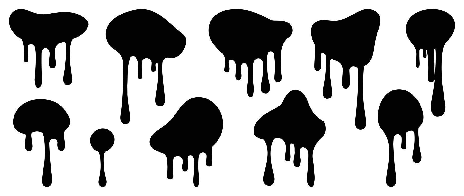 Set of ink drop vector illustration. Dripping ink, spray, brush liquid droplet, melting, graffiti, paint dripping, paint flows, stains isolated on white background. Design for sticker, decoration.