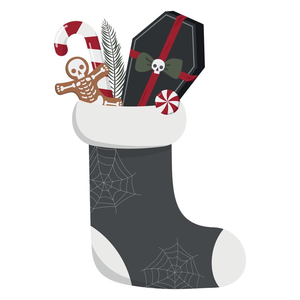 espeluznante calcetín navideño con regalo de ataúd negro, galleta de hombre esqueleto de pan de jengibre y dulces. ilustración vectorial aislado sobre fondo blanco. vector