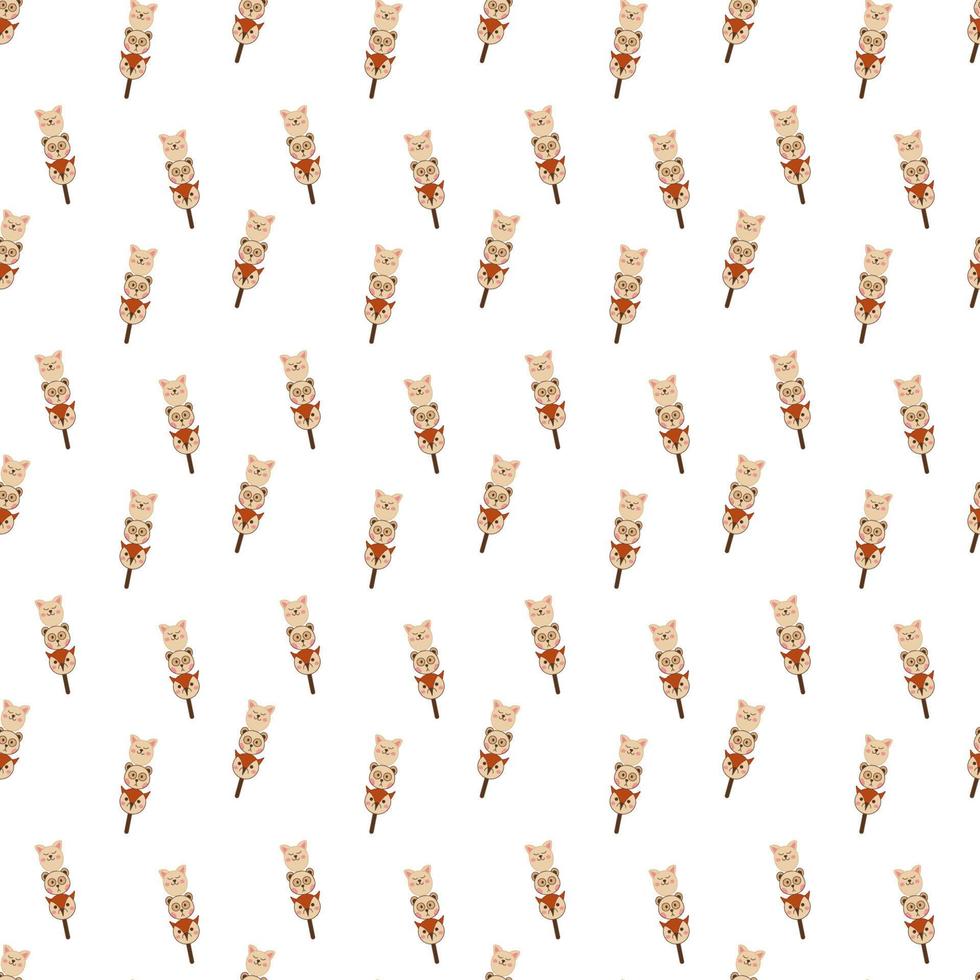 Dango pattern12. Cute seamless pattern with japanese sweet in the form of animal faces. Doodle color cartoon illustration. vector