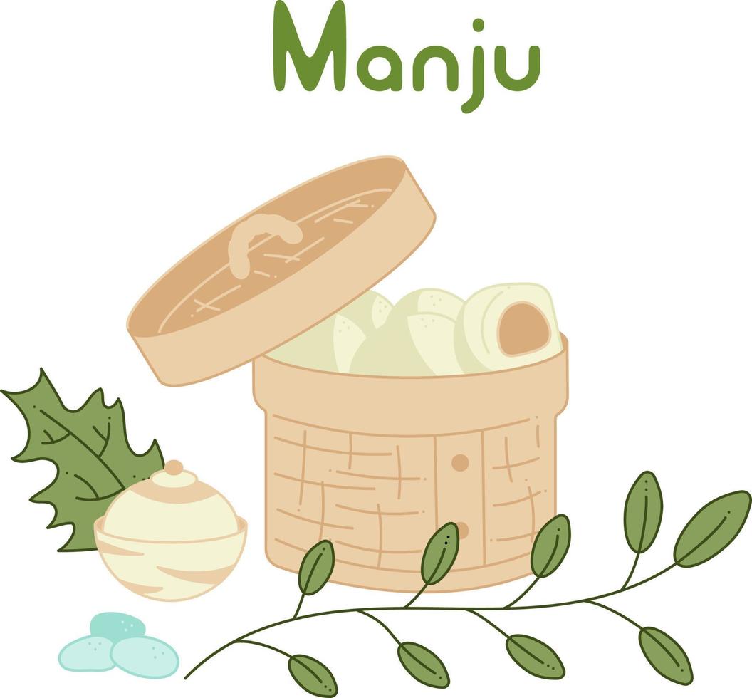 conjunto manju. Empanadas dulces japonesas de manju recién cocinadas. ilustración de vector de dibujos animados de color de garabato.