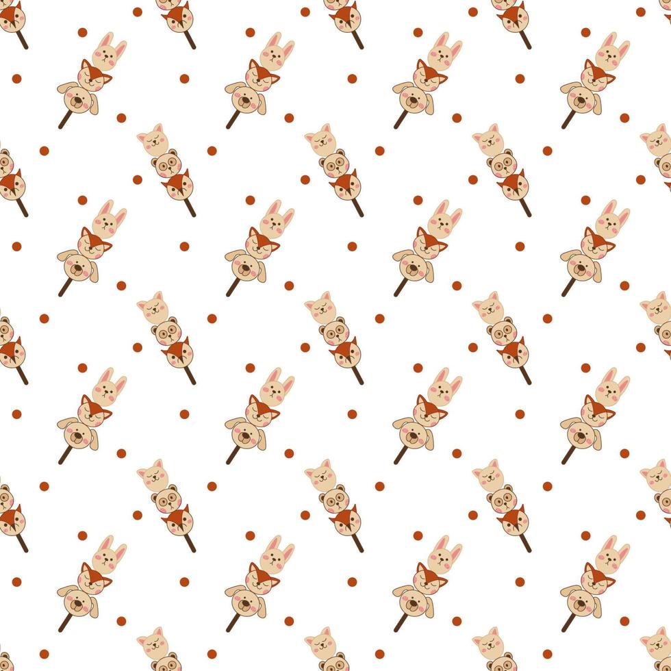 Dango pattern11. Cute seamless pattern with japanese sweet in the form of animal faces. Doodle color cartoon illustration. vector