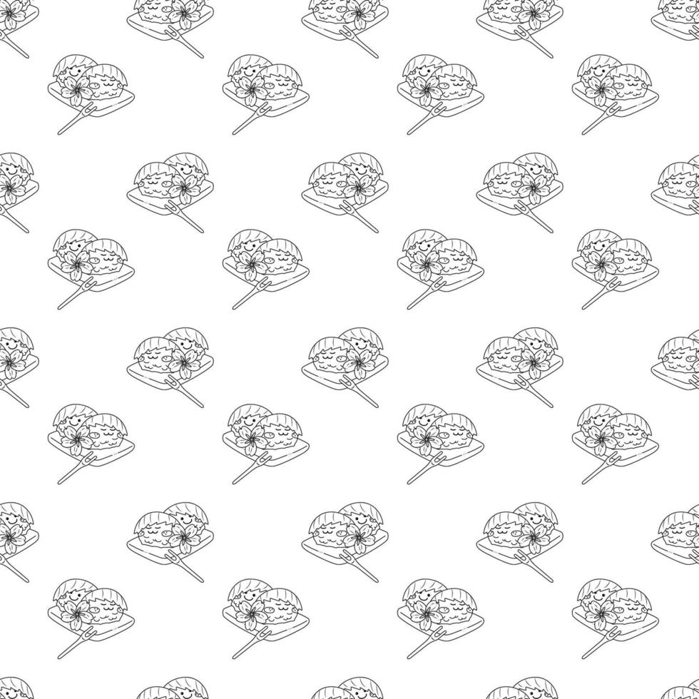 Sakura mochi pattern9. Seamless pattern with two cute sakura mochi characters with sakura flower. Doodle cartoon vector illustration.