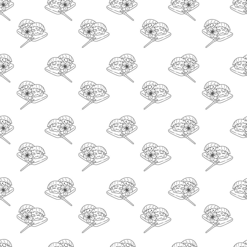 Sakura mochi pattern9. Seamless pattern with two cute sakura mochi characters with sakura flower. Doodle cartoon vector illustration.