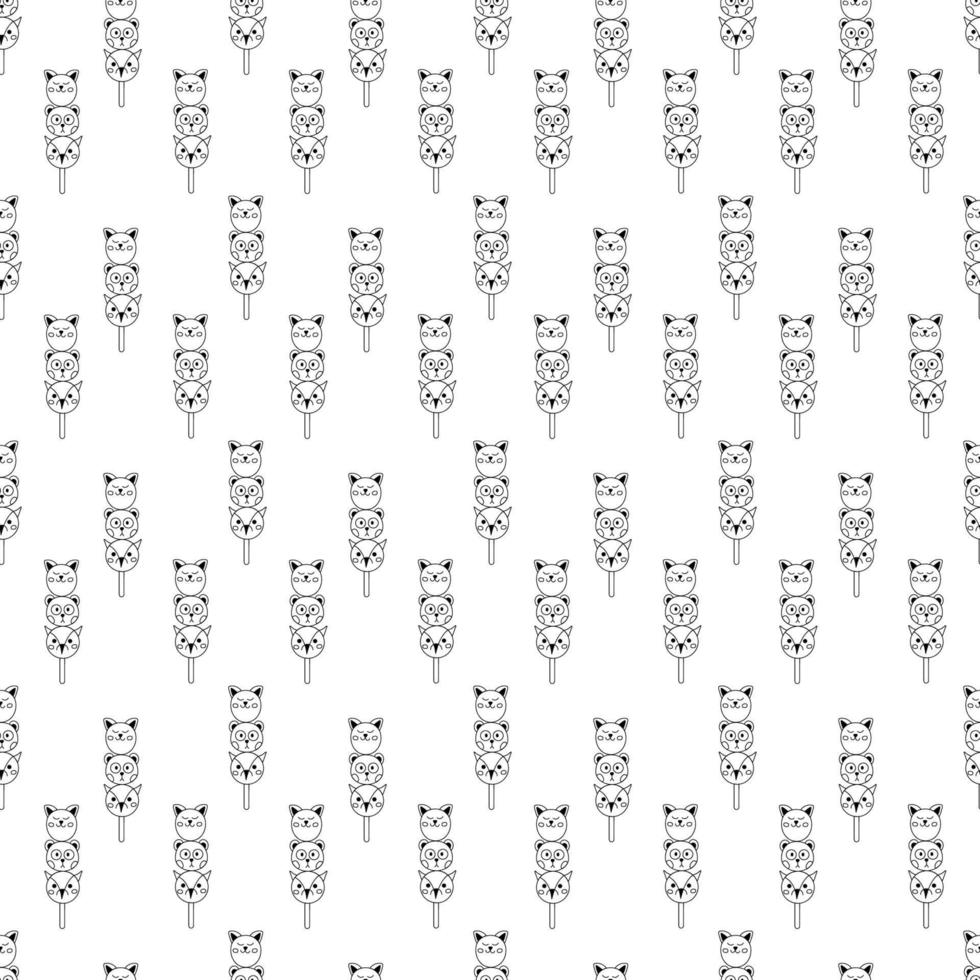 patrón dango16. lindo patrón sin costuras con dulce japonés en forma de caras de animales. garabatear ilustración de dibujos animados en blanco y negro. vector
