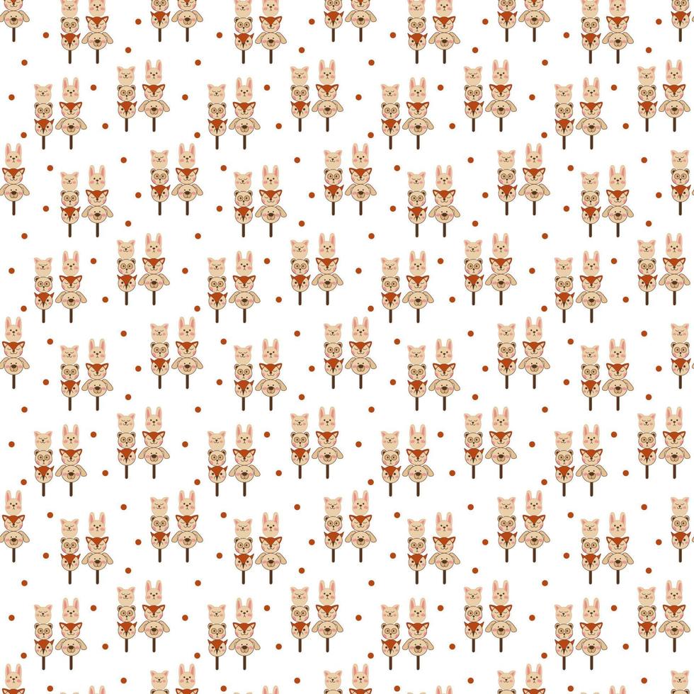 Dango pattern14. Cute seamless pattern with japanese sweet in the form of animal faces. Doodle color cartoon illustration. vector