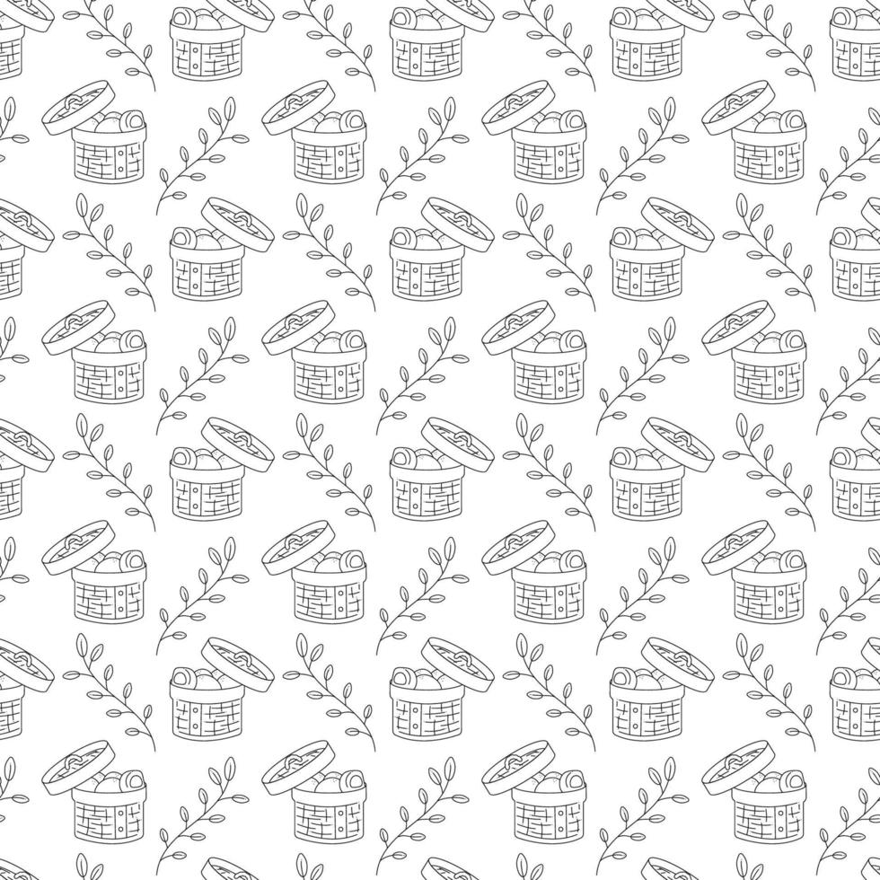 Manju pattern8. Seamless pattern with freshly cooked Japanese manju patties. Doodle black and white cartoon vector illustration.