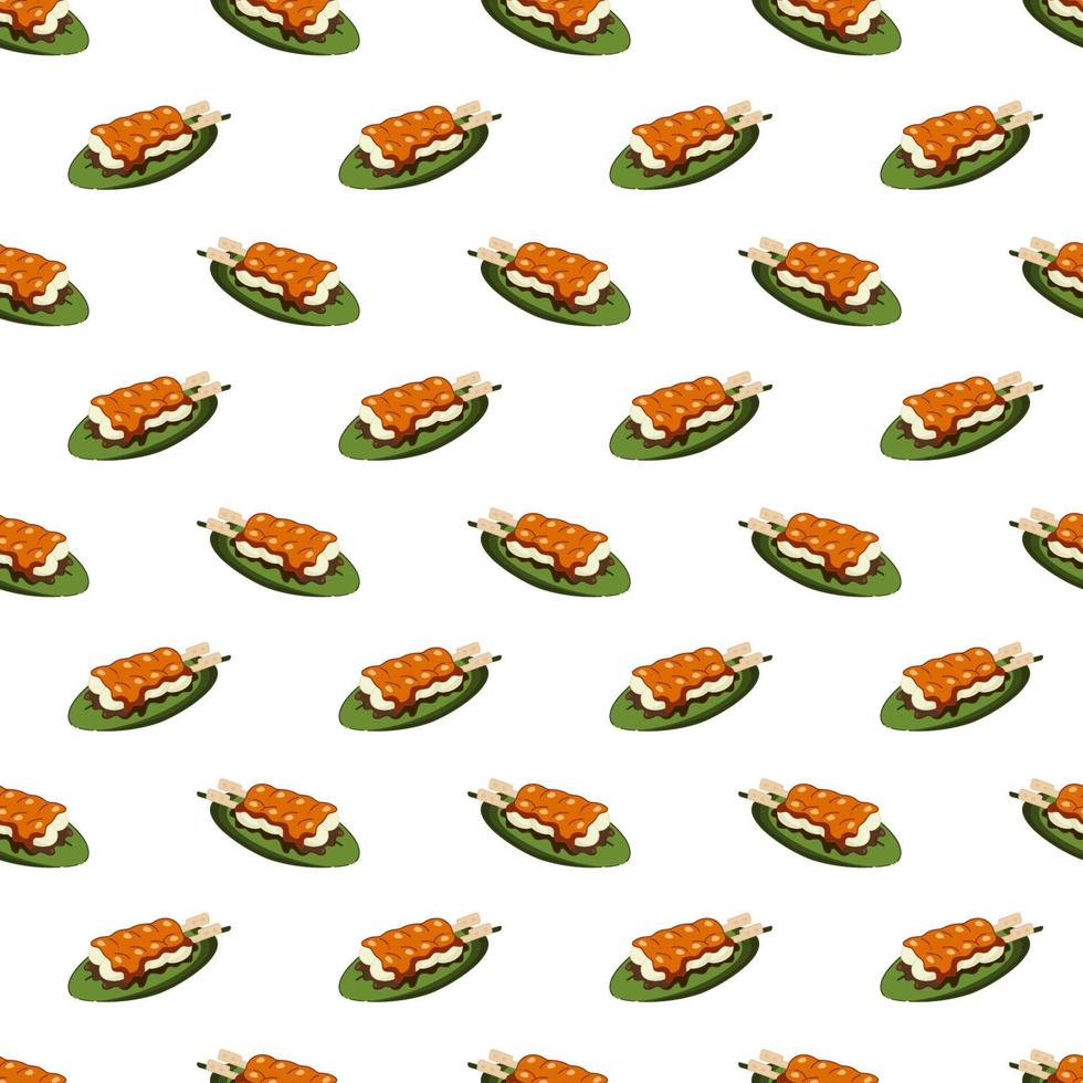 Dango pattern. Seamless pattern with Japanese sweetness dango, which lies on a banana leaf. Doodle cartoon illustration. vector