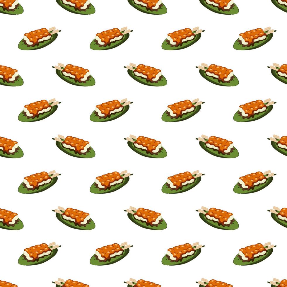 Dango pattern. Seamless pattern with Japanese sweetness dango, which lies on a banana leaf. Doodle cartoon illustration. vector