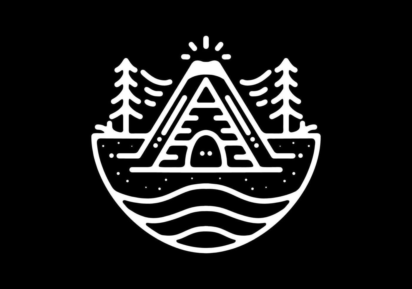 Wood cabin, mountain and pine tree Black and white line art mono line tattoo vector