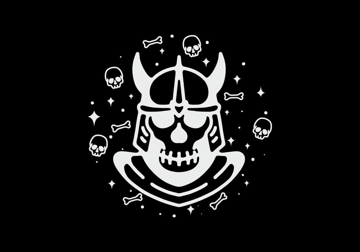 skull wearing armor helmet Black and white line art mono line tattoo vector