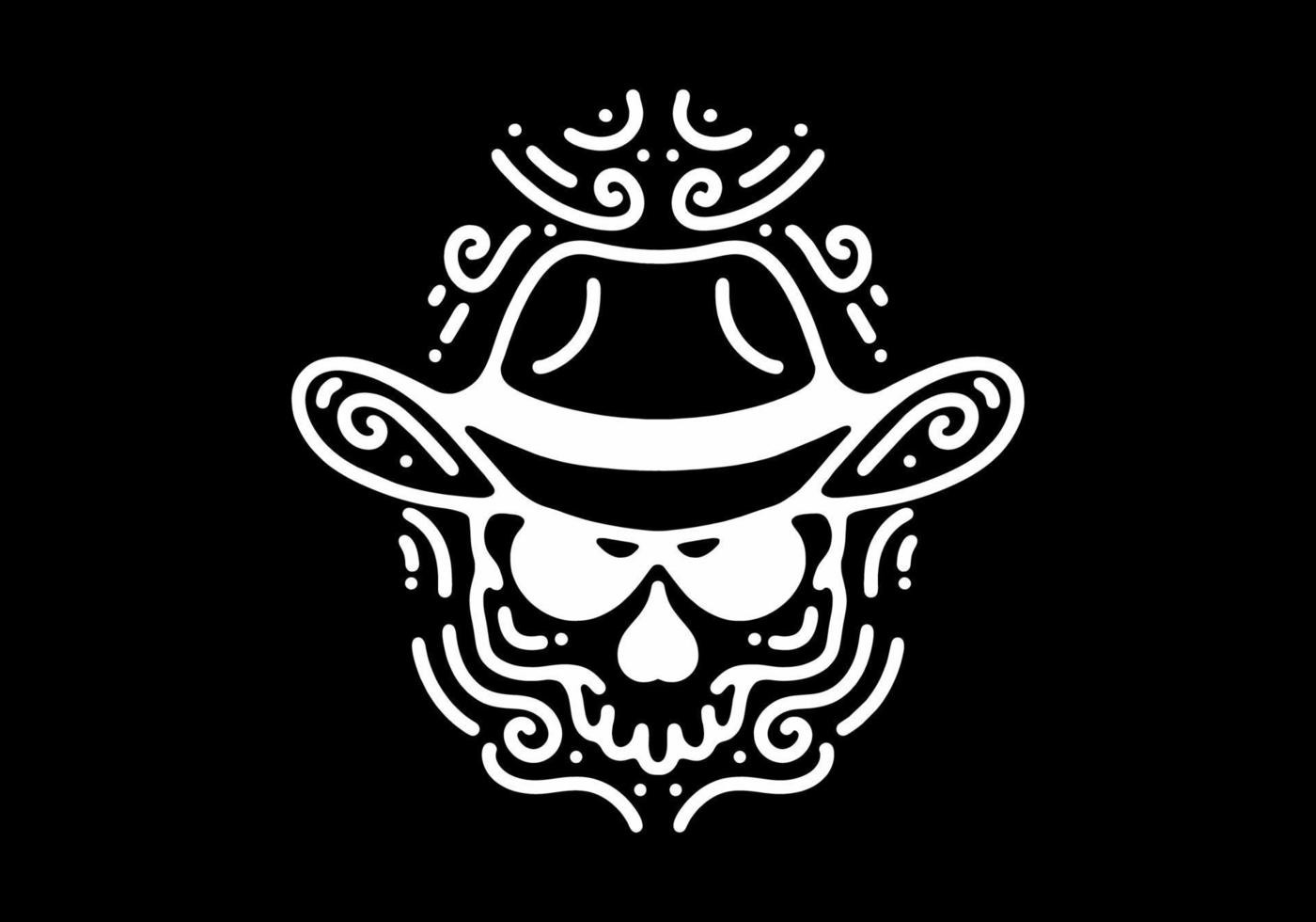 Skull with cowboy hat Black and white line art mono line tattoo vector