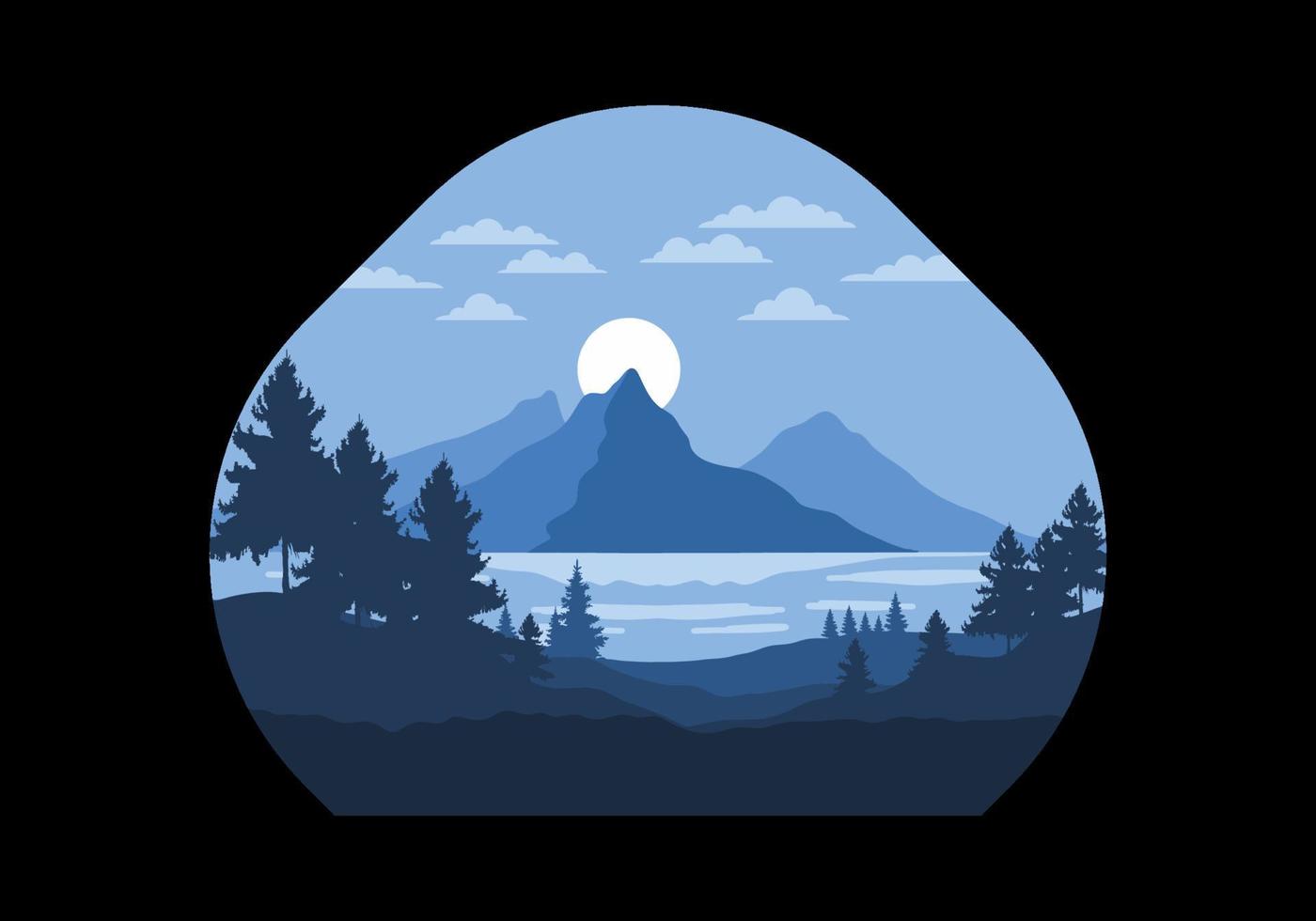 ilustración de arte paisajístico de una montaña y un lago vector