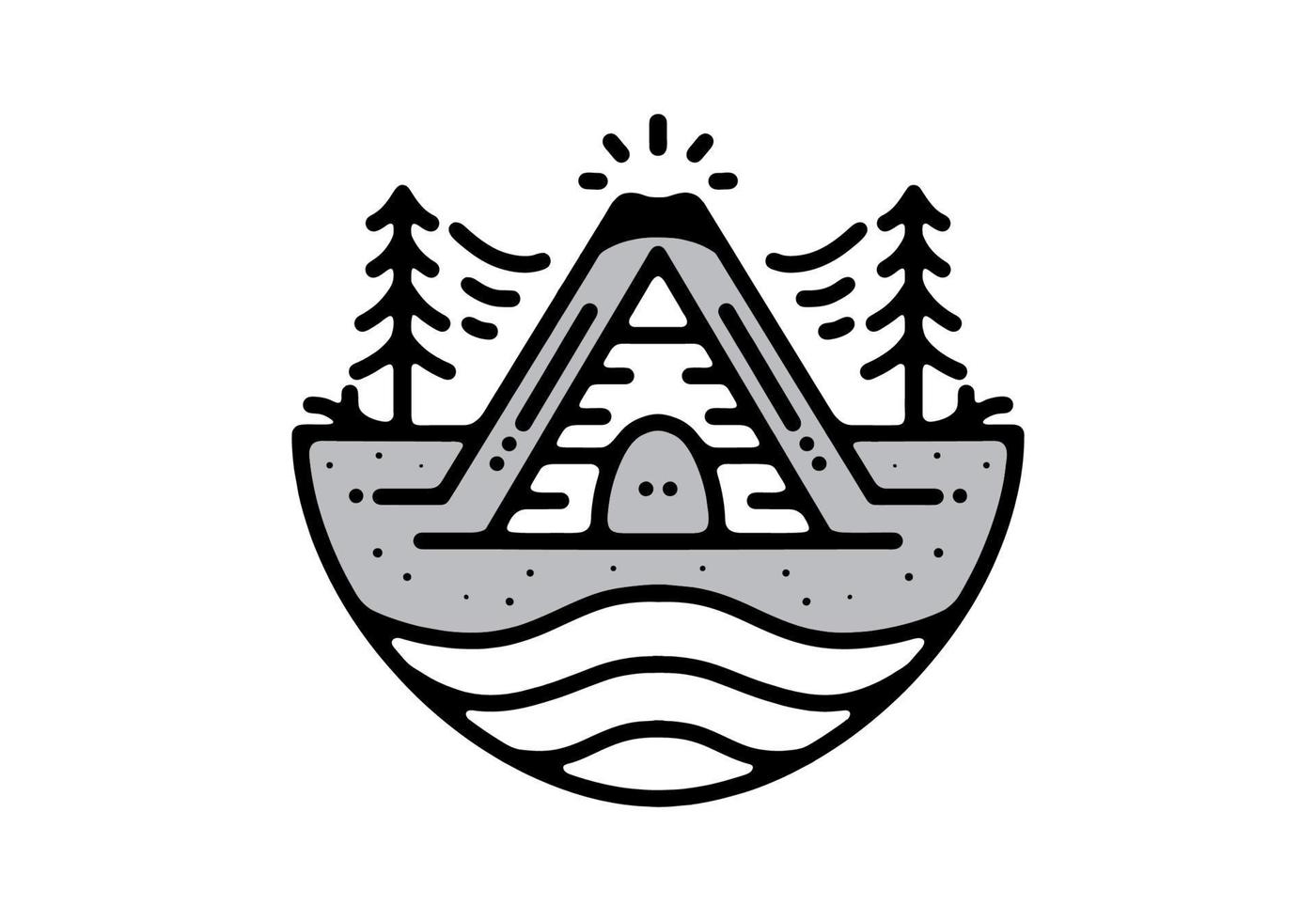 Wood cabin and mountain Black and white line art mono line tattoo vector