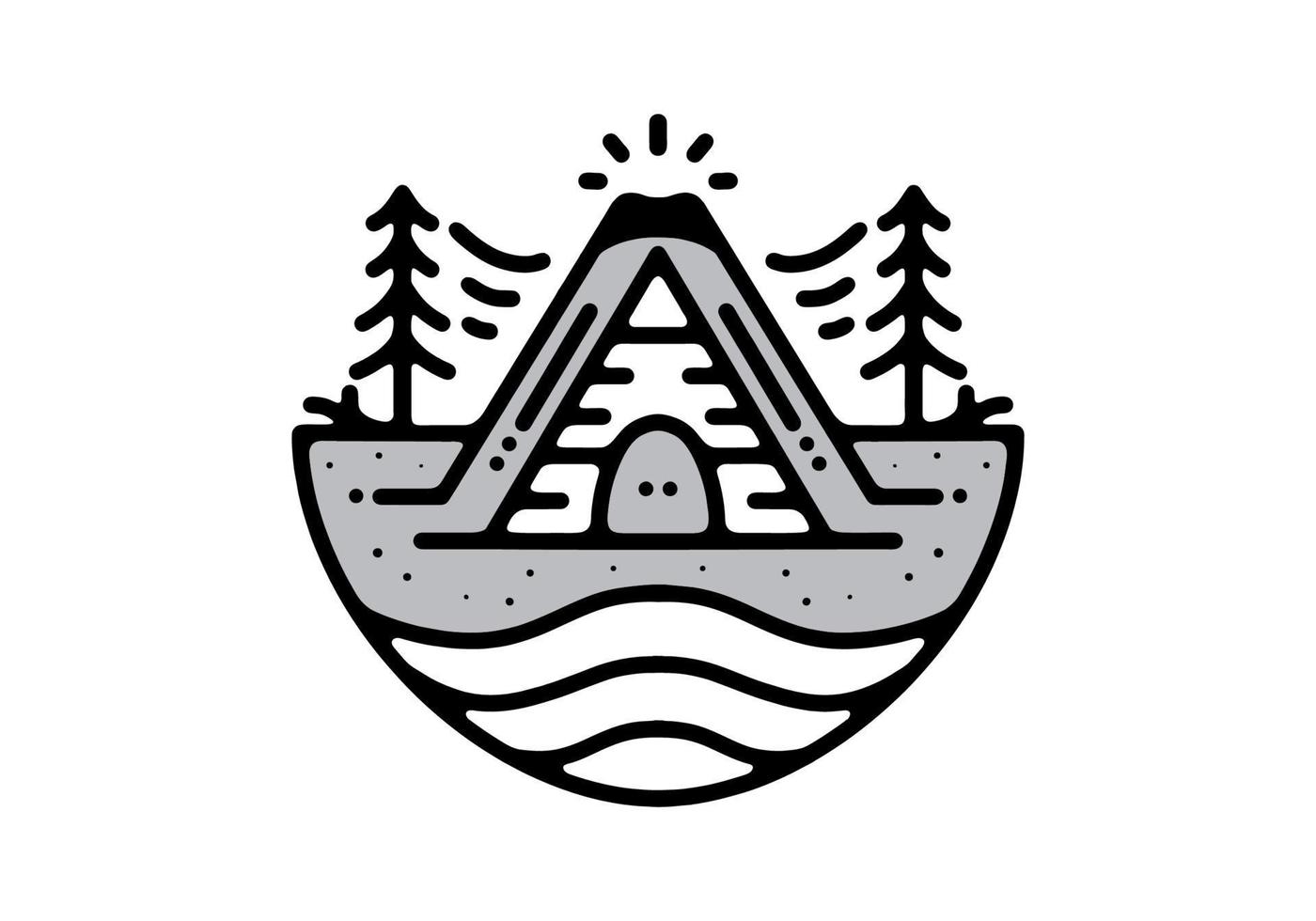 Wood cabin and mountain Black and white line art mono line tattoo vector