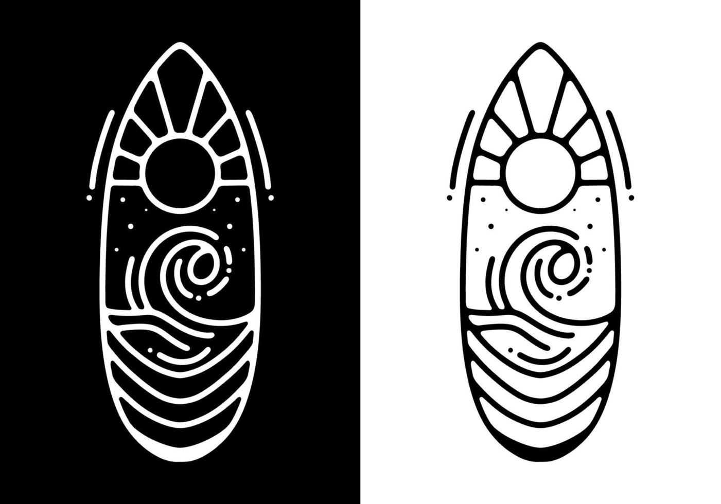 Big sun and wave inside surfing board Black and white line art mono line tattoo vector