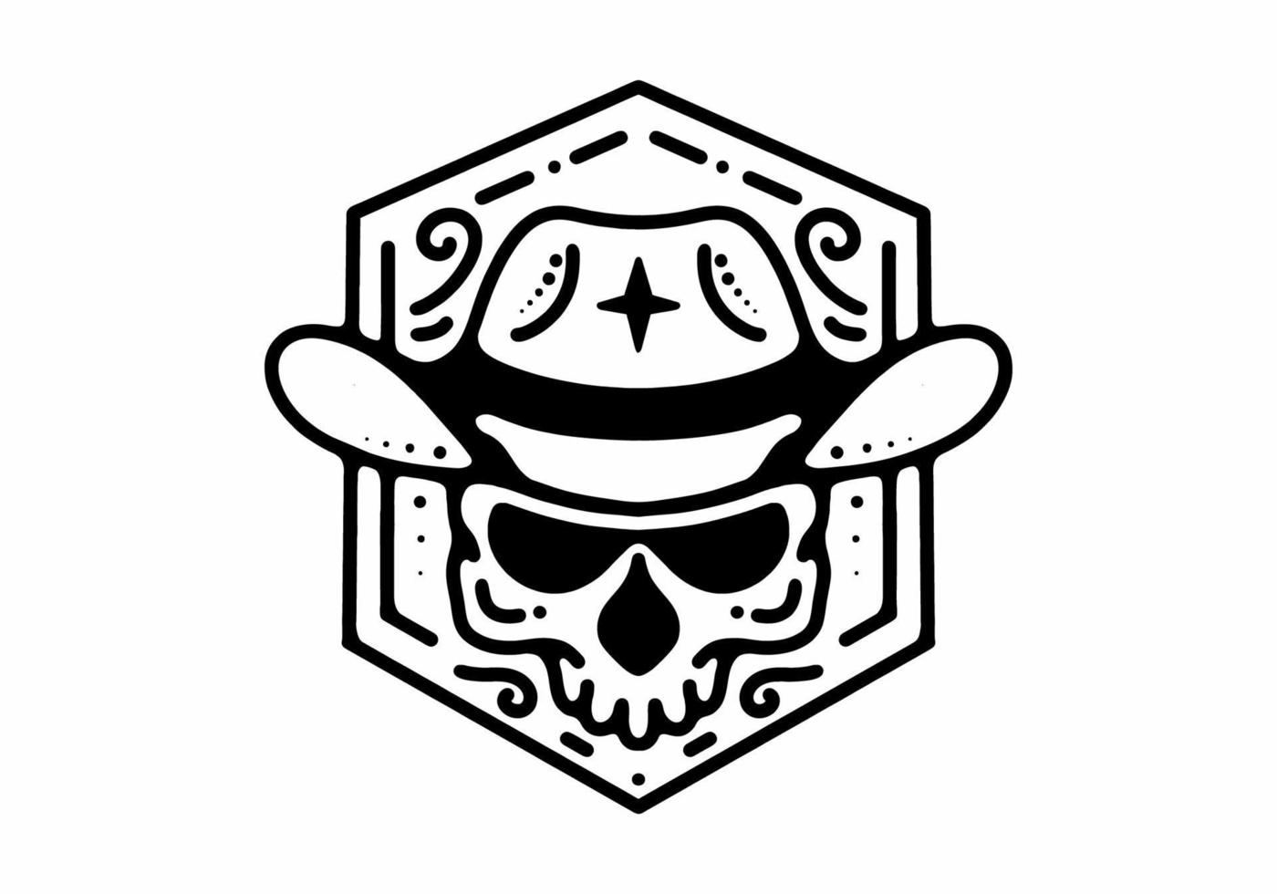 Skull with cowboy hat Black and white line art mono line tattoo vector