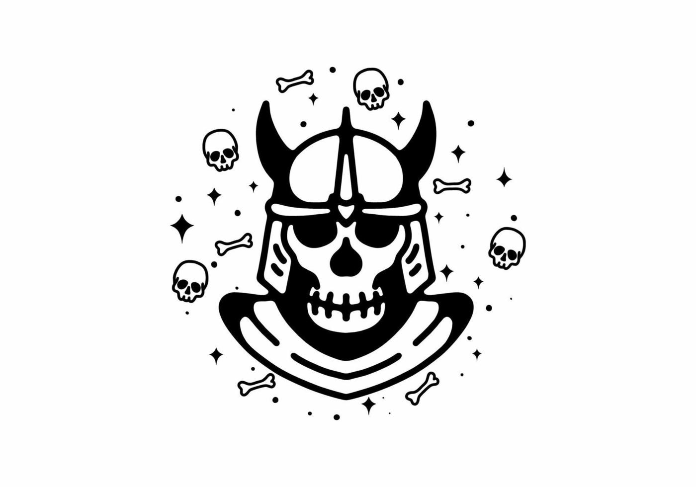 skull wearing armor helmet Black and white line art mono line tattoo vector