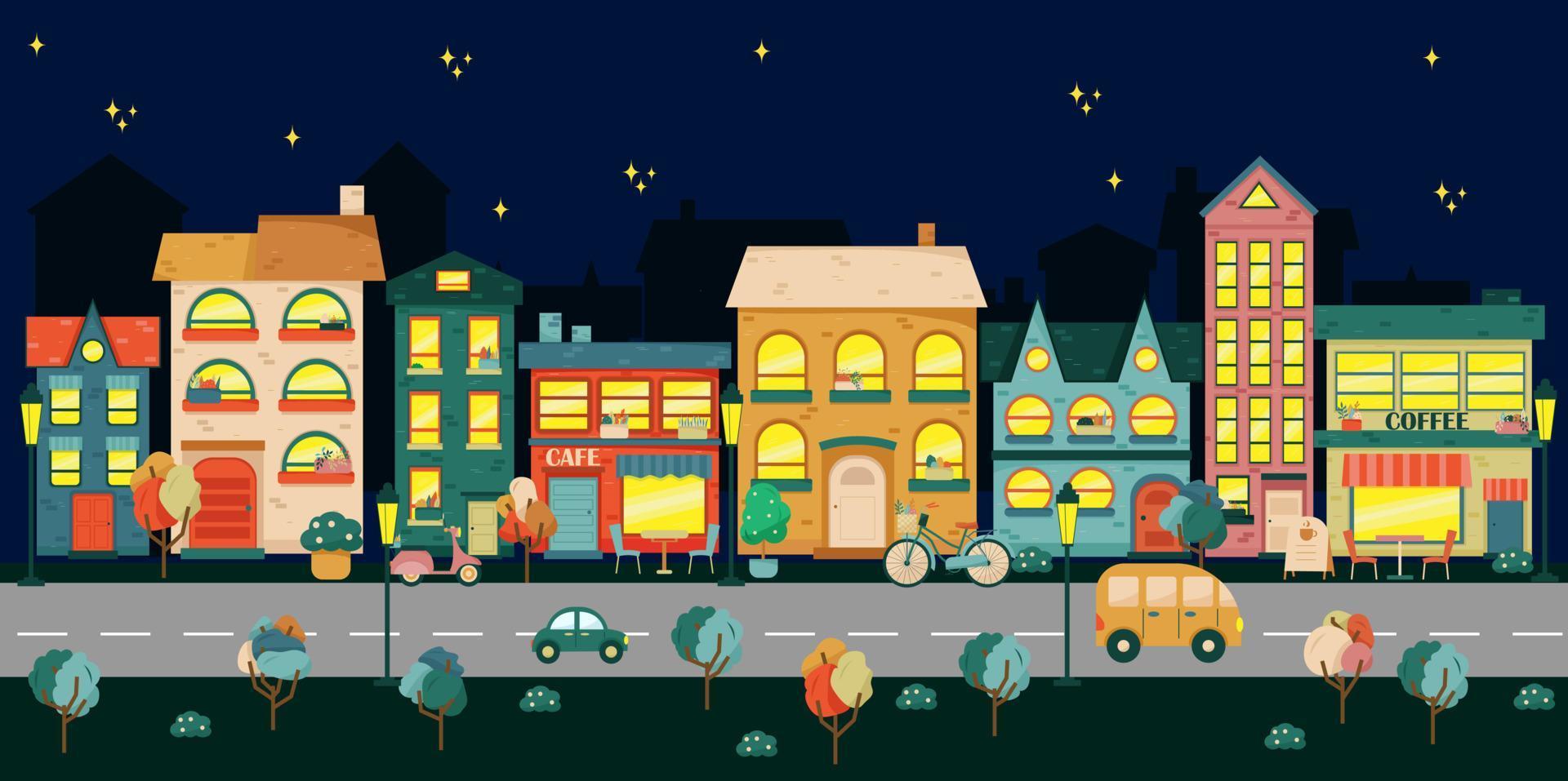 ilustración de la vida de la ciudad con fachadas de casas, carreteras y otros detalles urbanos. vista panorámica nocturna. estilo plano vector