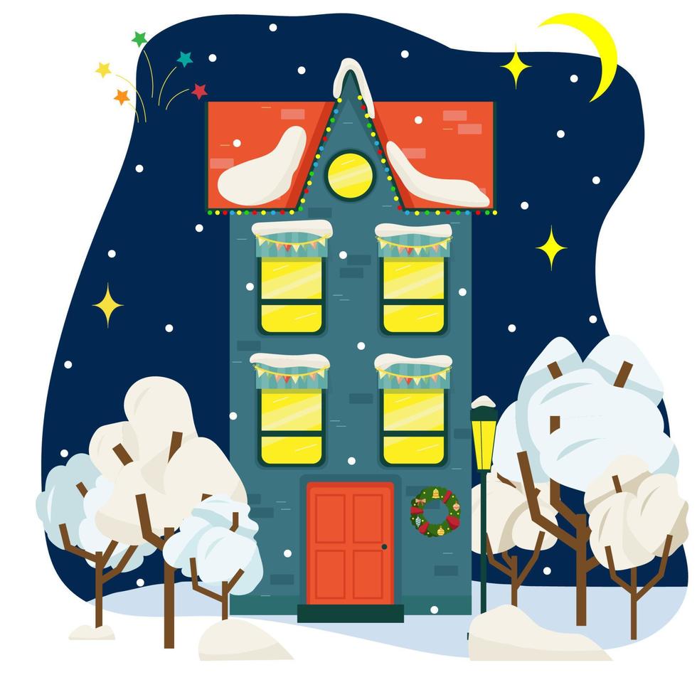 casa nevada de navidad fuera del interior con paisaje invernal vector