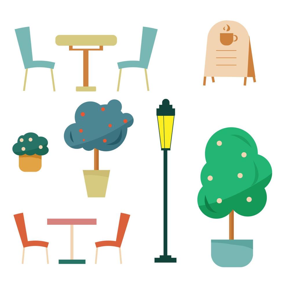 conjunto de objetos de la calle. mesa, sillas, farol, arboles vector