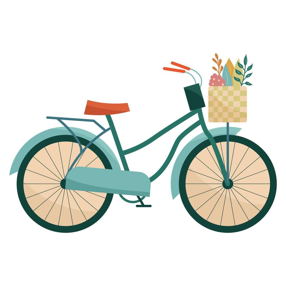 Flat retro bicycle with basket of flowers vector