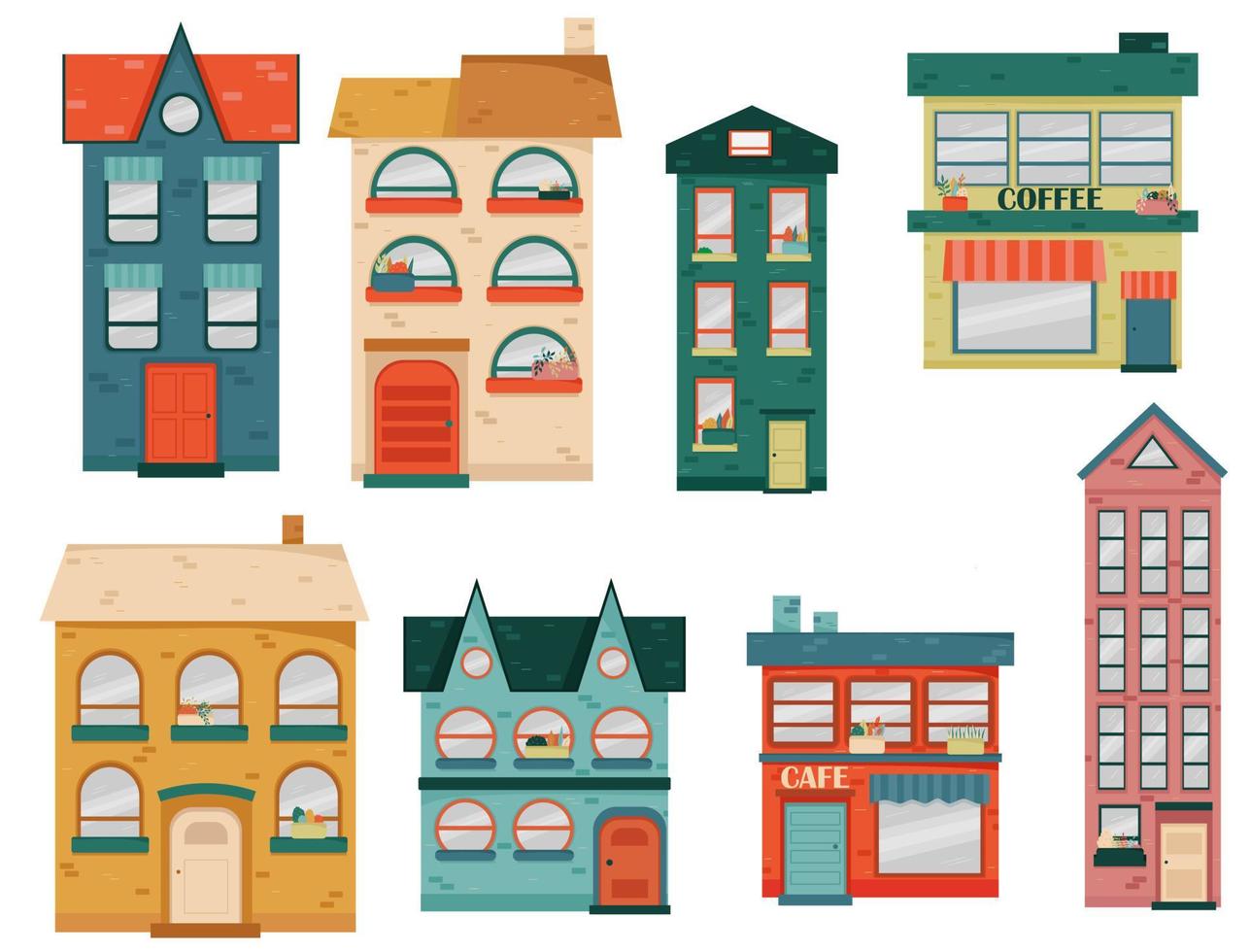 Set of houses with doodle flowers in flat style vector