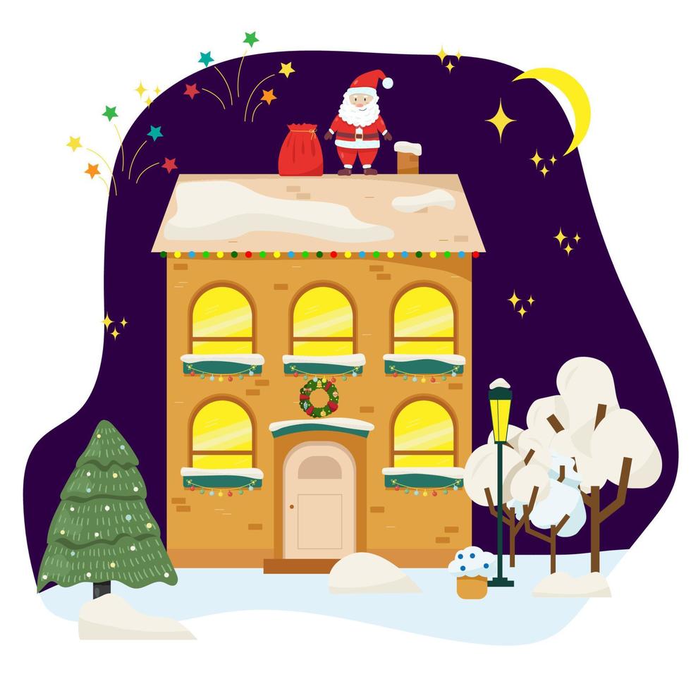 casa nevada de navidad fuera del interior con paisaje invernal vector