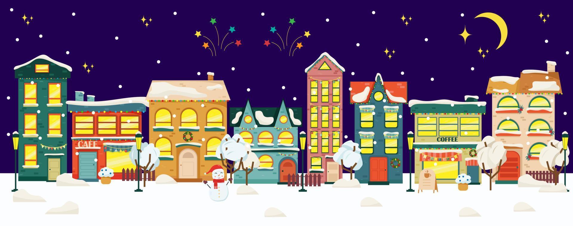 Snowy night in cozy christmas town city panorama. Winter christmas village vector