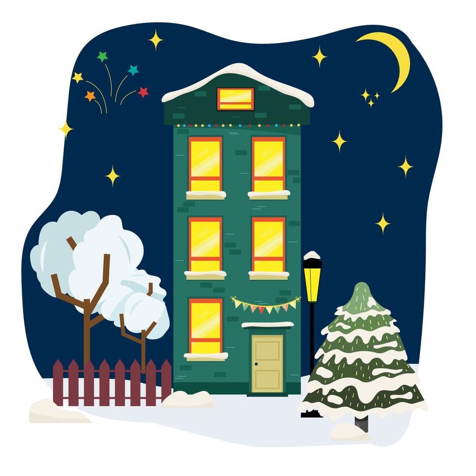 casa nevada de navidad fuera del interior con paisaje invernal vector