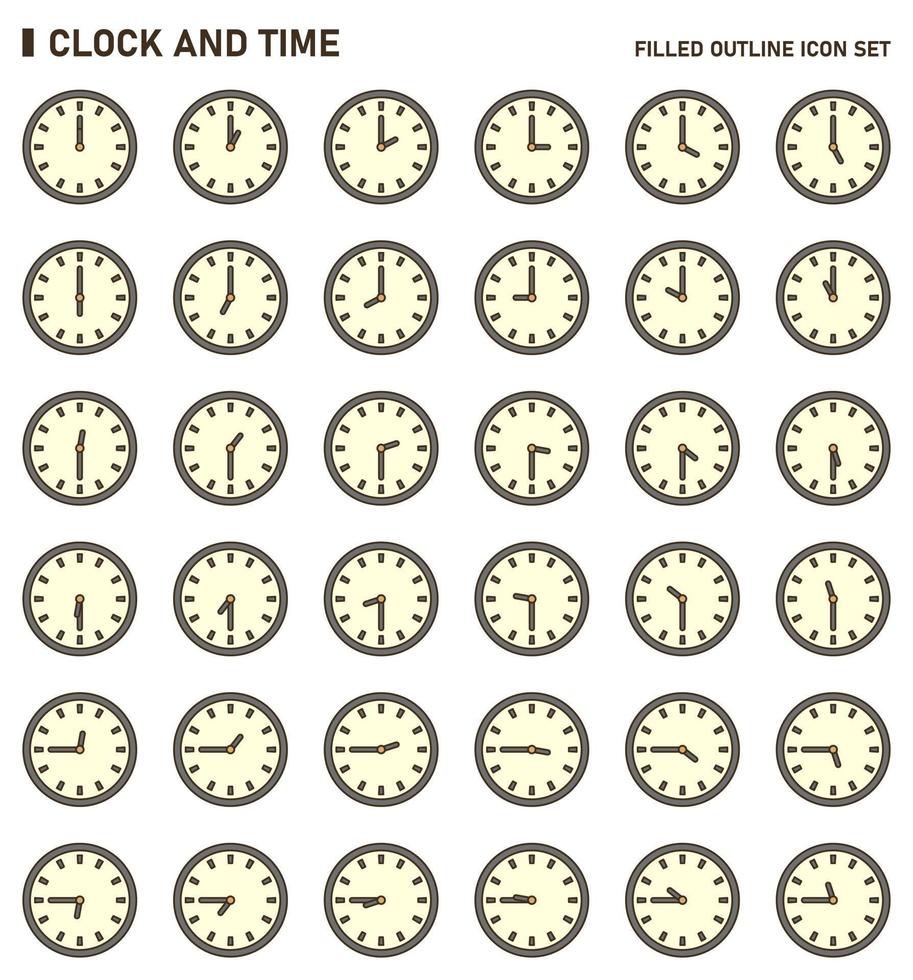 Clock and time icon set. Filled outline icon set. vector