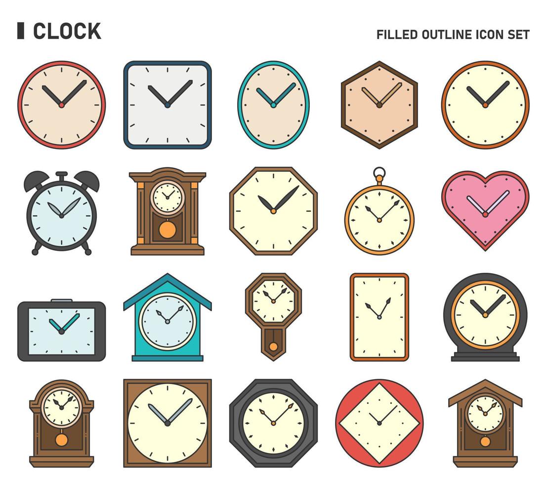 conjunto de iconos de reloj y hora. conjunto de iconos de contorno relleno. vector