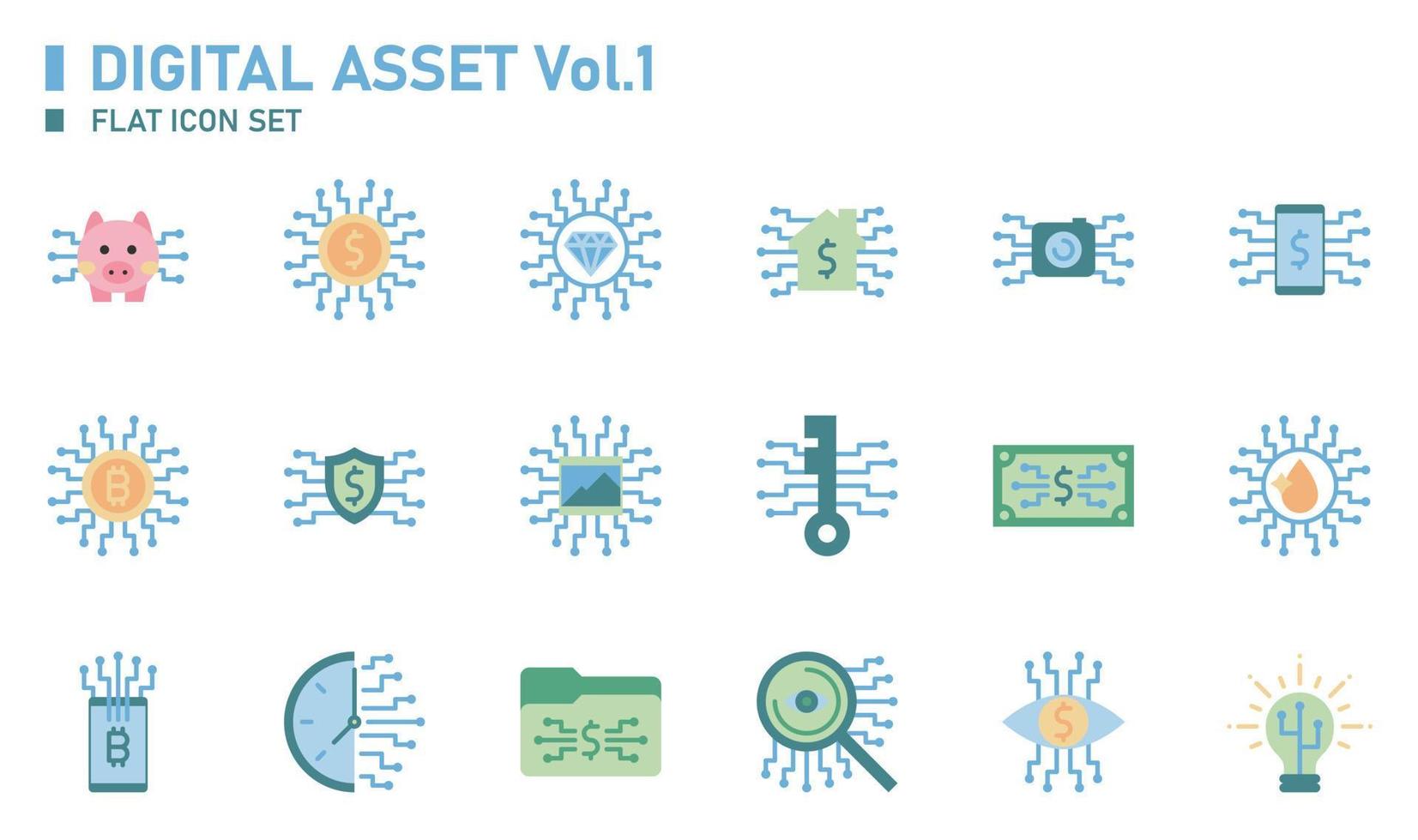 Digital asset flat icon set. vector