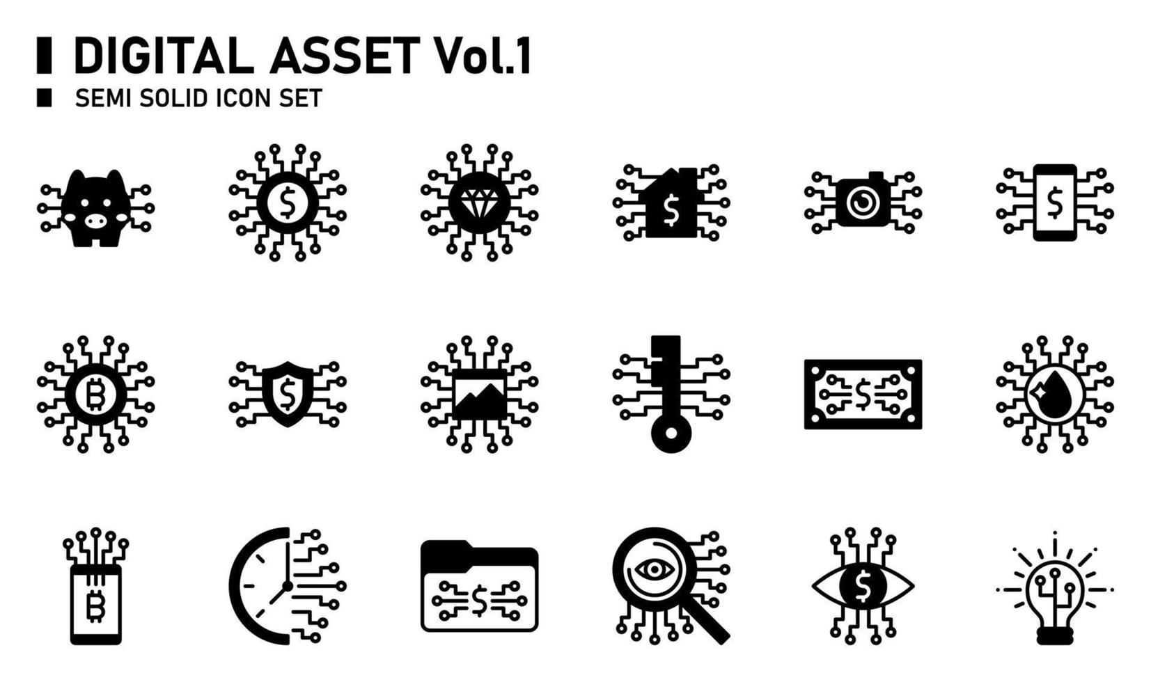 Digital asset semi solid icon set. vector