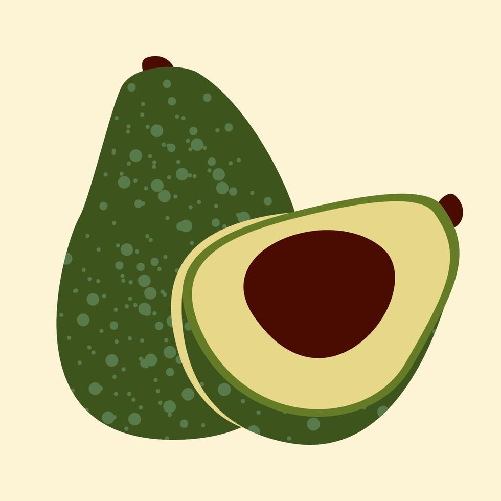 ilustración de vector de aguacate con aguacate medio cortado. comida orgánica saludable vegetariana, vegana. aguacate jugoso entero y medio cortado.