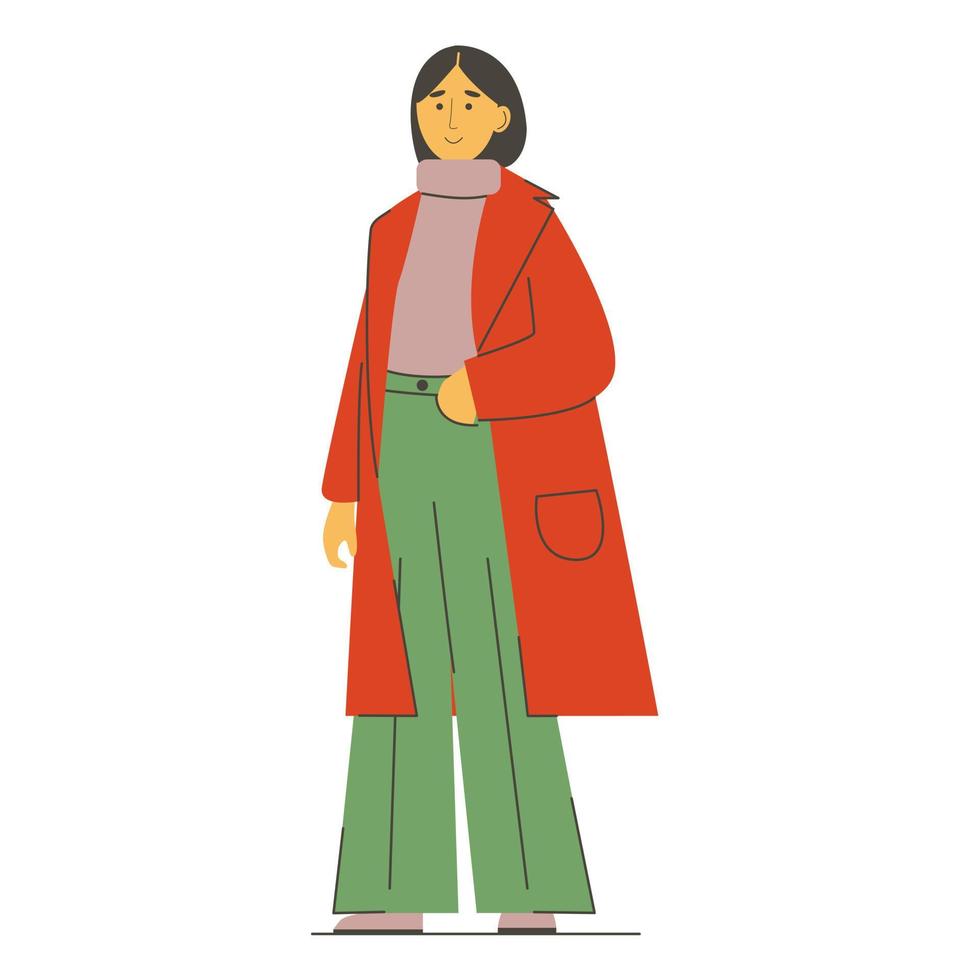 mujer con estilo moderno. mujer de moda en ilustración de dibujos animados de vector de ropa de moda. ilustración vectorial plana coloreada aislada sobre fondo blanco. ropa de invierno, primavera y otoño. eps 10