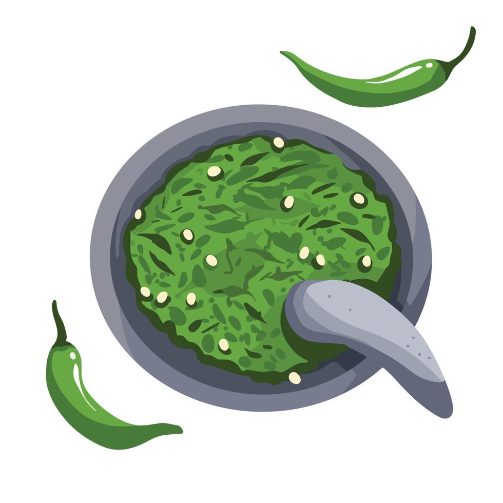 Sambal uleg cabe ijo vector illustration. Green chili vegetable crushed in stone grinder. Spicy cooking ingredients famous in Indonesia. Raw food spice with cartoon flat art style isolated.