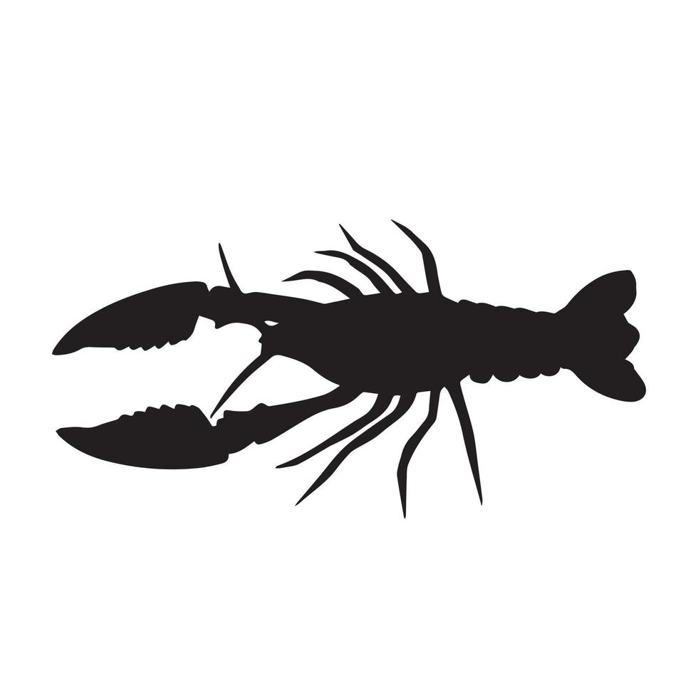 Lobster or crayfish vector icon Silhouette isolated on white background. Sea animal food drawing with cartoon simple flat art style. Black colored pictogram art.