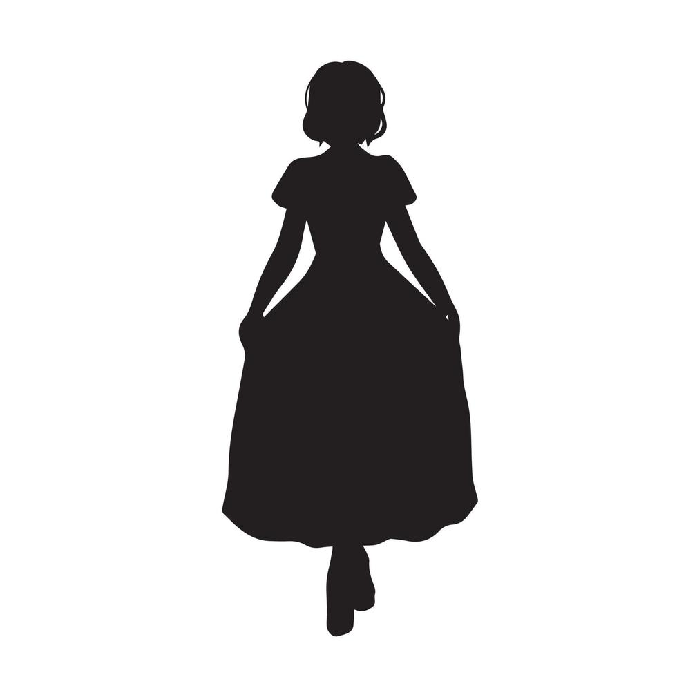 Modern princess pose style vector icon Silhouette isolated on white background. Young beautiful adult women wearing simple flowy dress with greeting pose. Black pictogram human drawing.