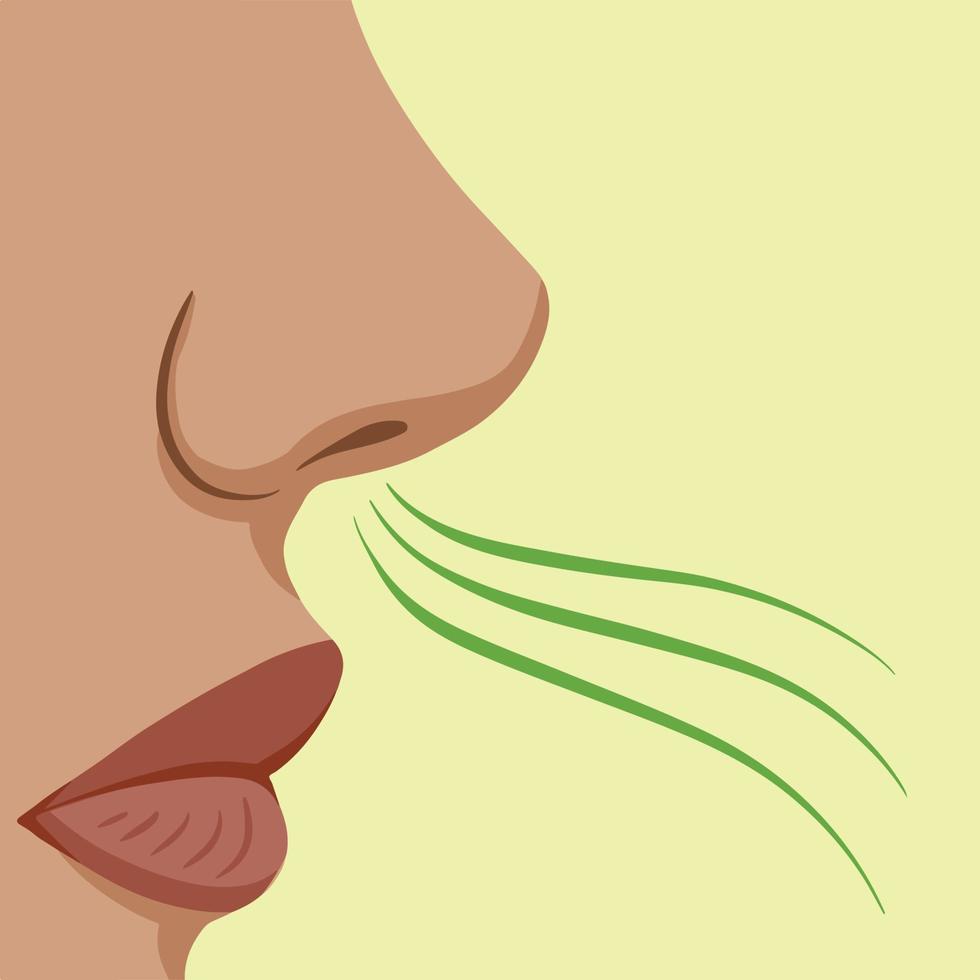 Women face from side, smelling something bad. Foul smell vector illustration. Nose and mouth drawing with breathing action. Cartoon flat art styled drawing isolated on light green background.