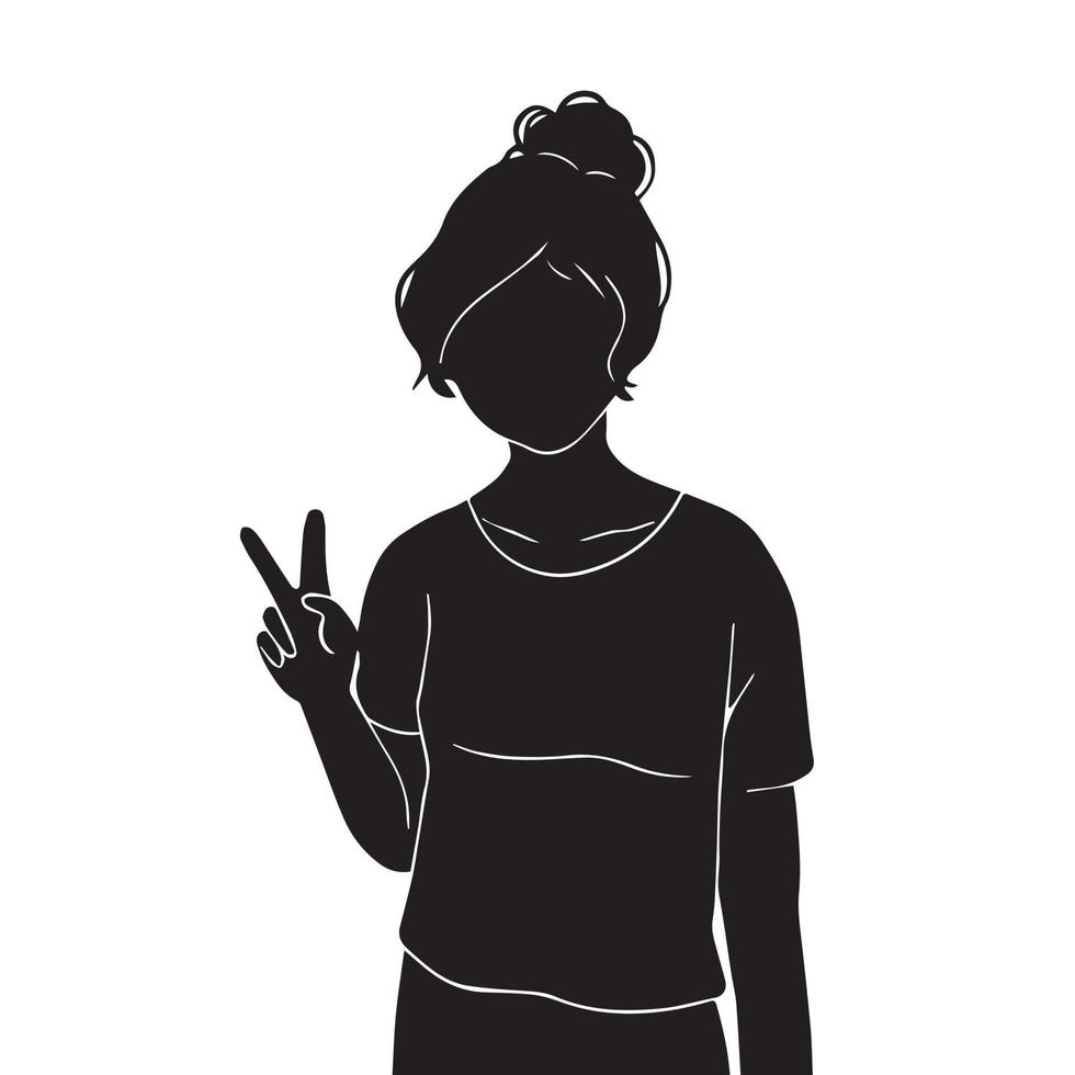 Young teen girl portrait half body standing pose with hand peace sign. Vector icon silhouette isolated on white background. Selfie pose pictogram.