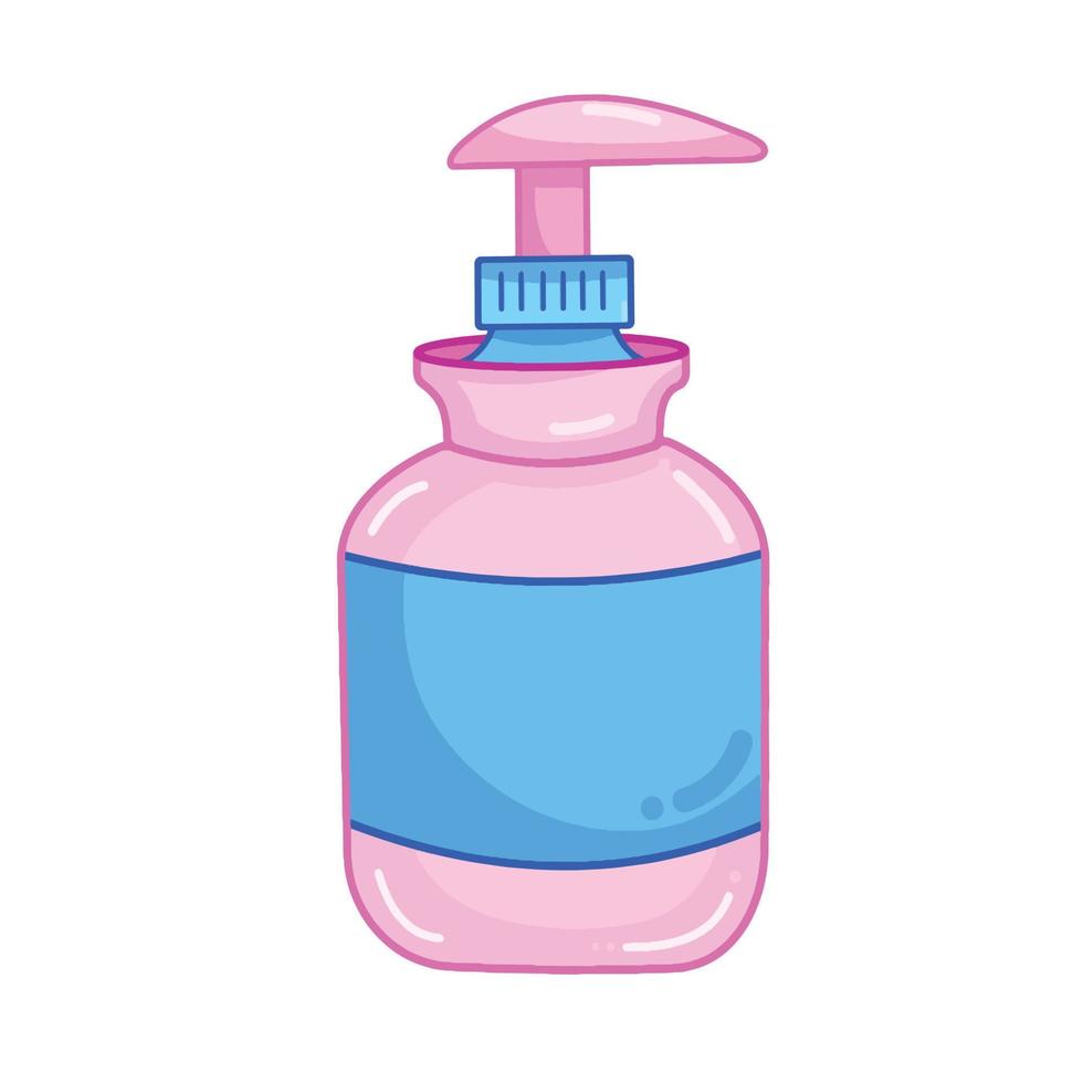 Cute Hand Soap bottle Pump Vector Illustration isolated on plain white background. Washing gel to clean hands. Hygiene product theme drawing with cartoon simple flat art style.