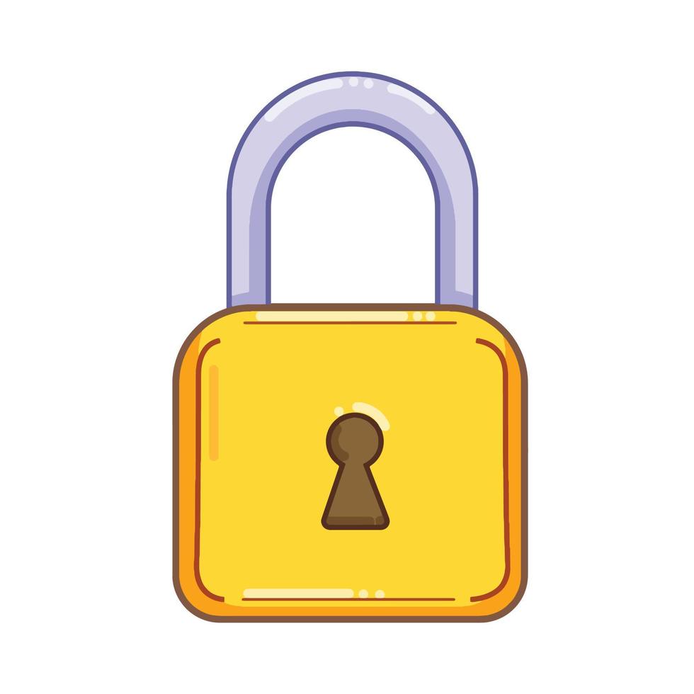 Gold or yellow colored padlock for security theme. Vector illustrations with cartoon simple flat line art and colors isolated on plain white background.