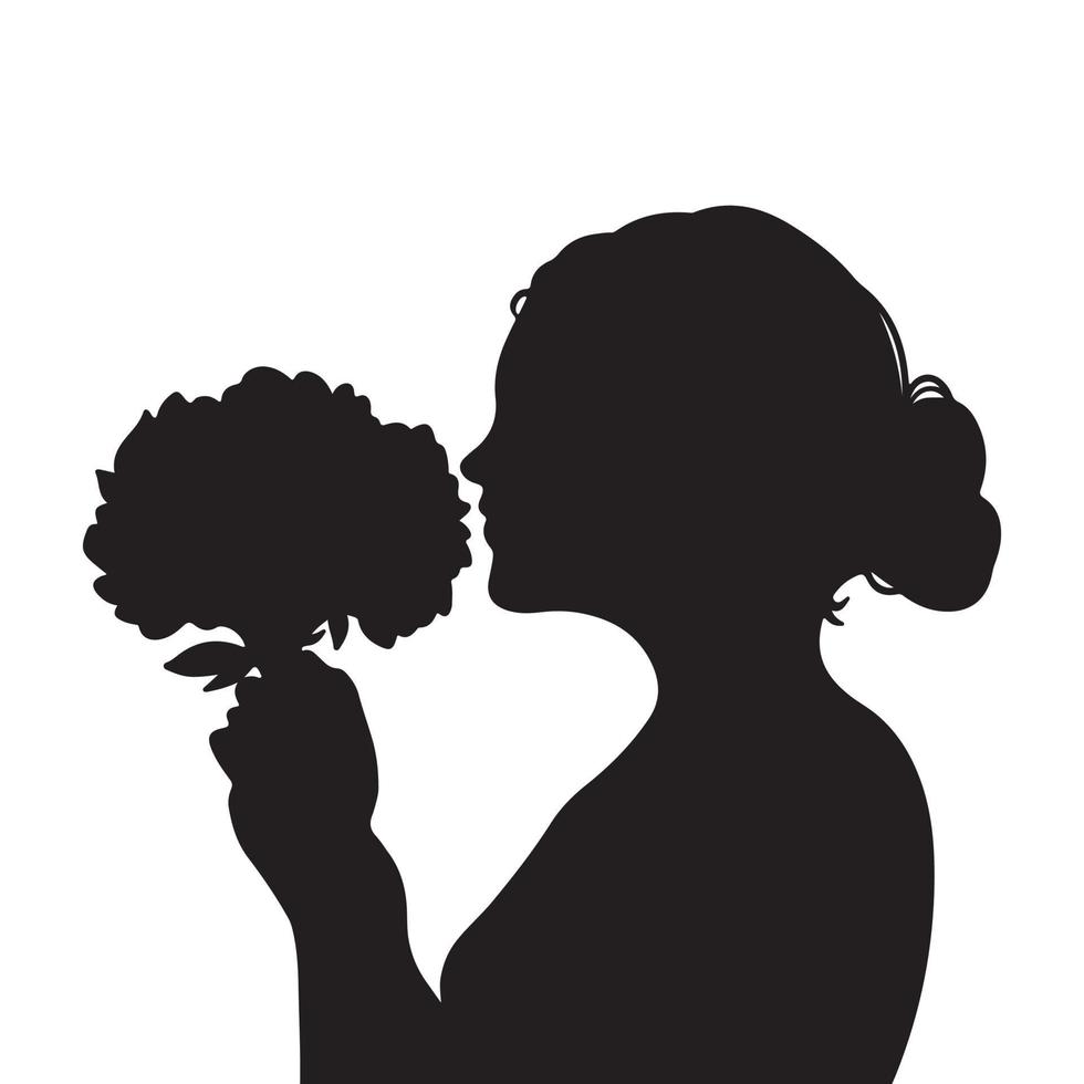 novia oliendo ramo de flores desde la silueta vectorial de vista lateral. chica de vista lateral huele a flores dibujando. pictograma negro con estilo de arte plano aislado sobre fondo blanco. vector