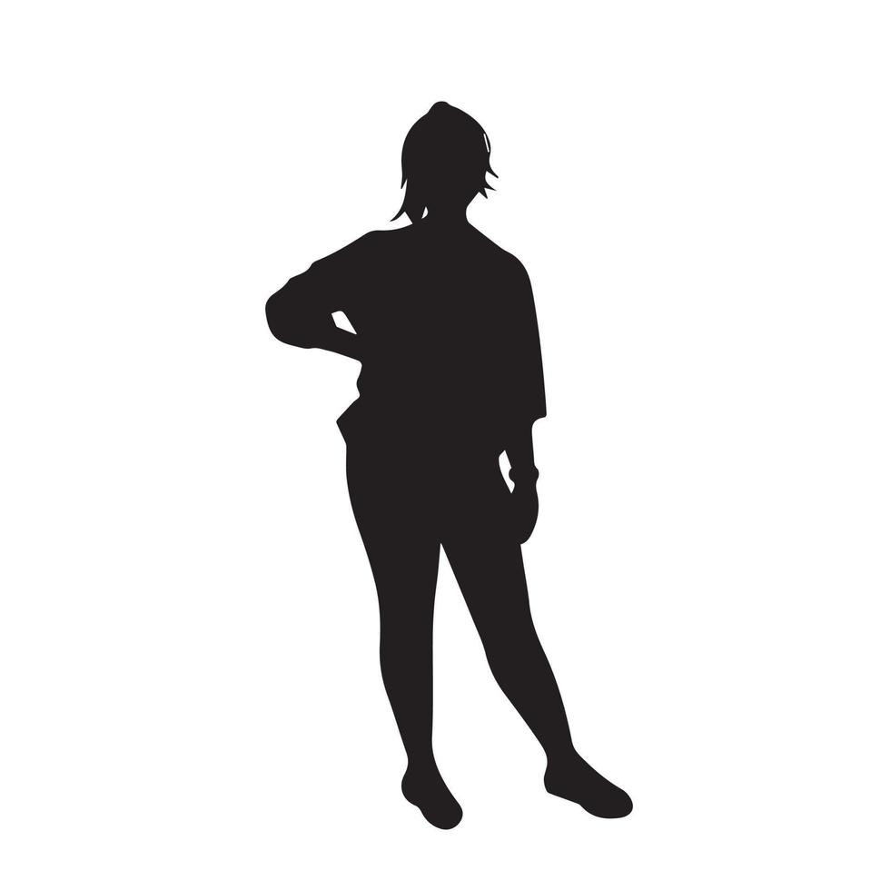 Girl with standing pose vector icon silhouette. Teen women with ponytail hair style with model pose or tired of waiting pose with one arm on the side of the stomach. Simple drawing isolated on white.