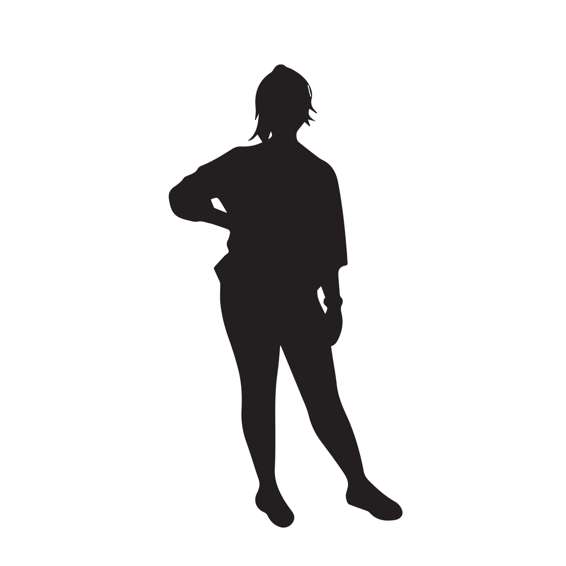 Girl with standing pose vector icon silhouette. Teen women with ponytail hair style with model pose or tired of waiting pose with one arm on the side of the stomach. Simple drawing Girl with standing pose vector icon silhouette. Teen women with ponytail hair style with model pose or tired of waiting pose with one arm on the side of the stomach. Simple drawing