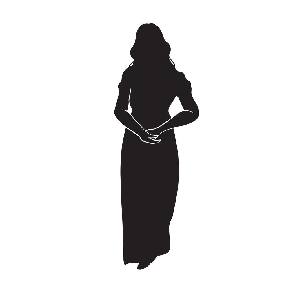 Young women in long dress with standing elegant pose. Vector icon silhouette isolated on white background. Female human drawing with black colored simple flat pictogram.