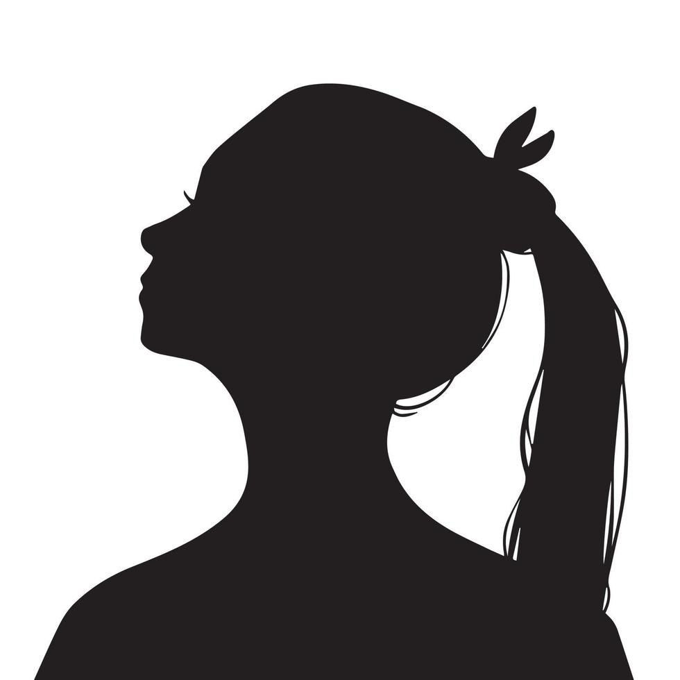 Young Girl face with ponytail hair from side view vector icon silhouette avatar. Black monochrome pretty girl drawing with simple flat art style isolated on plain white background.