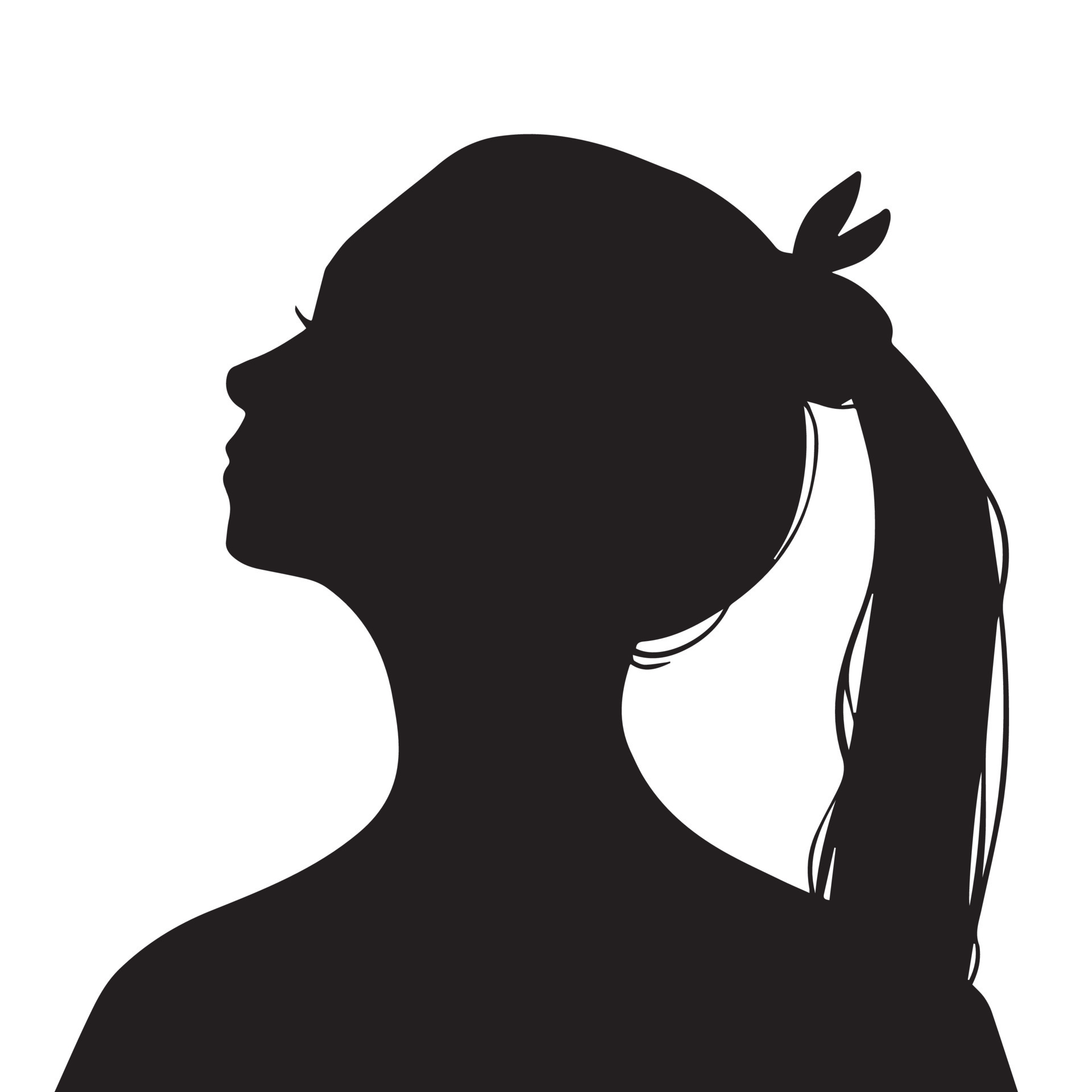 Young Girl face with ponytail hair from side view vector icon silhouette  avatar. Black monochrome pretty girl drawing with simple flat art style  isolated on plain white background. 15430891 Vector Art at
