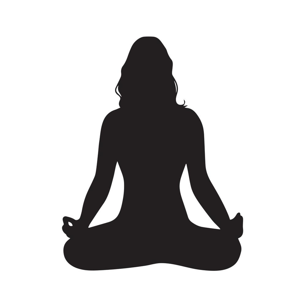 Adult women with curly long hair with sitting yoga pose vector icon silhouette isolated on plain white background. Duduk bersila. Zen body pose with simple flat art style.