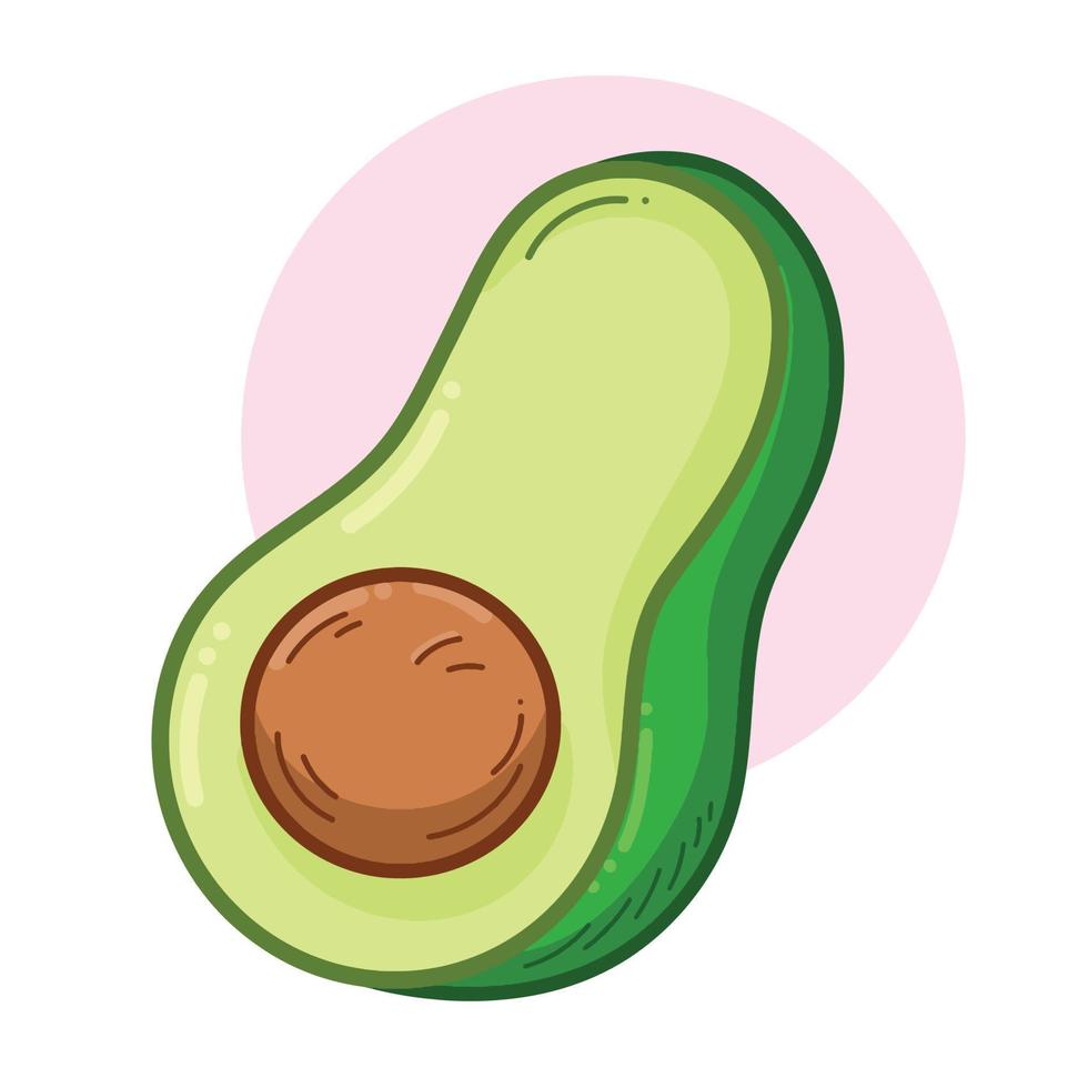 One single green avocado Fruit Vector Illustration isolated on plain white and pink background. Healthy and Delicious food drawing with cartoon flat art style outline and colors.